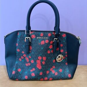 Michael Kors Floral Logo Tote Black Red Rose Satchel Crossbody